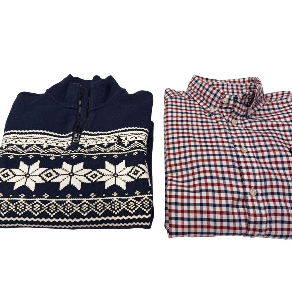Ralph Lauren Boys 2 PCs Set Blue Snowflake 1/4 Zip Sweater & Plaid Shirt M 10-12